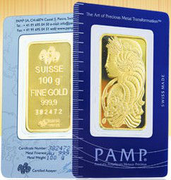100 grams Gold Bar PAMP Produits Astistiques Metux Precieux